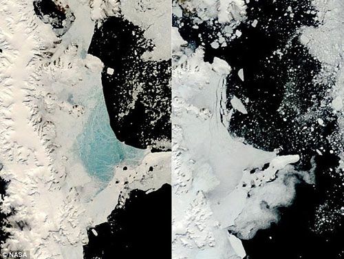 Сравнительные снимки формирования морского льда в Антарктике, сделанные отдельно в декабре 2008 года и в начале 2009 года с искусственного спутника ?Teрра? НАСА.