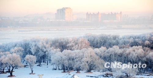 Красивая изморозь на участке пограничной реки Хэйлунцзян (Амур) между Китаем и Россией 