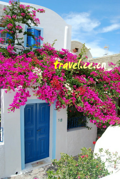 Греция: белые домики, синее море и розовые цветы1