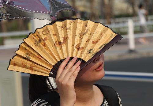 На фото: 12 августа, в Парке павильонов ЭКСПО посетитель держит веер над головой, чтобы заслонить соолнечный свет.