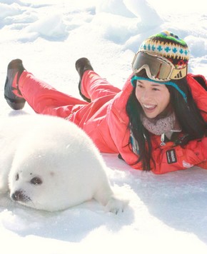 Мо Вэньвэй фотографируется с тюленями