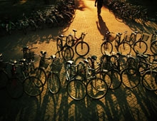 《斜阳》 杜云 （摄于2007年） 黄昏中图书馆楼下的自行车，静静地等待它们的主人结束一天的学习 