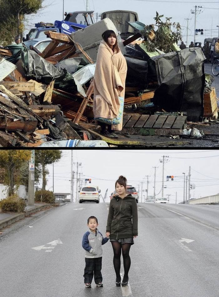 Снимки перед землетрясением в Японии и спустя год