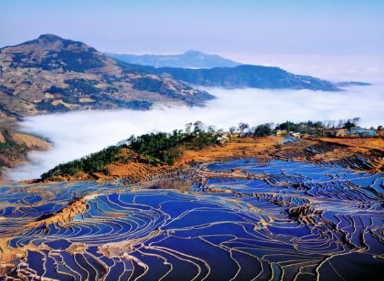 Очаровательные поля на террасах в Хани на юго-западе Китая