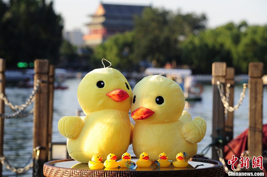 «Маленькие резиновые утята» были подняты на лодки в пекинском районе Шичахай для встречи «Большого резинового утенка»