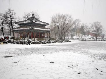 Зимние пейзажи в парке Юаньминъюань после снегопада
