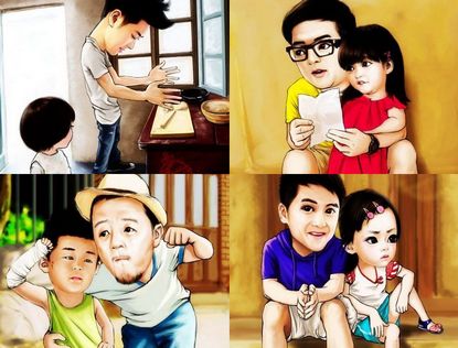 Карикатуры на участников популярной китайской ТВ-программы «Папа, куда мы идём?»