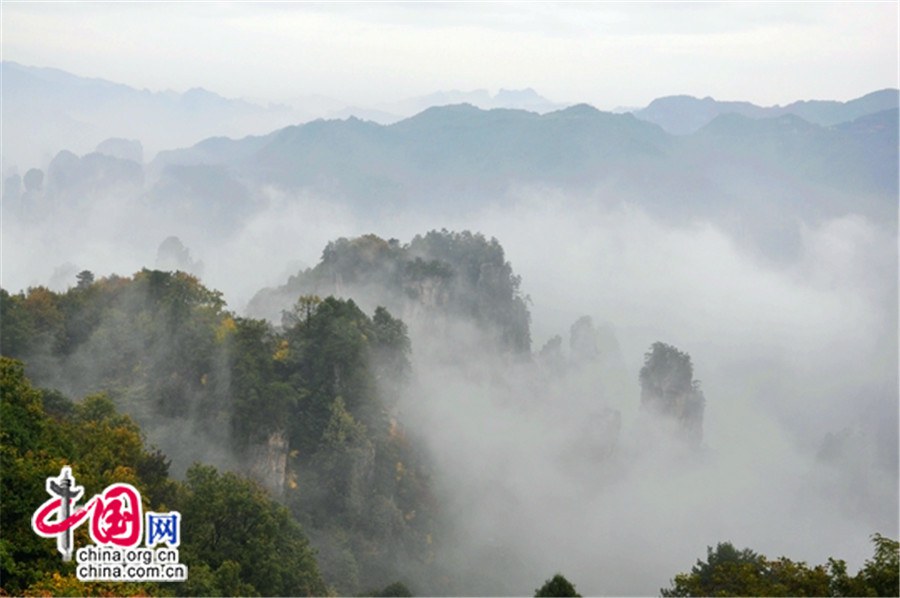 Чудесное облачное море в горах Тяньцзышань в городе Чжанцзяцзе