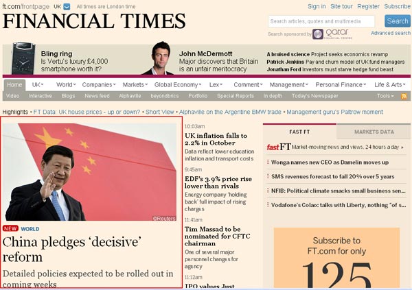 На вебсайте британского «Financial Times» говорится, что Китай обещал еще более углубить реформы.