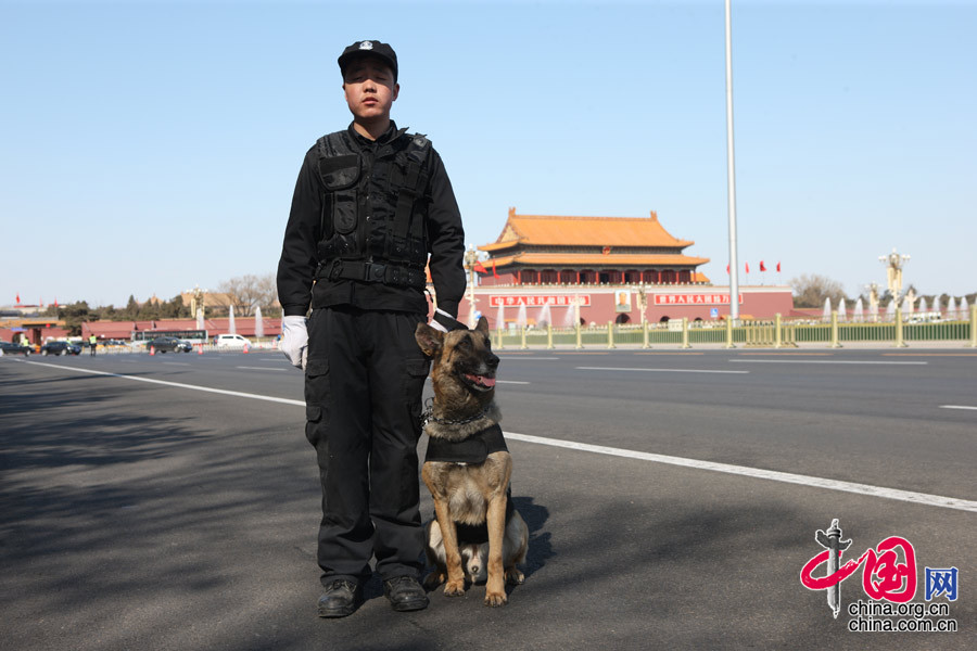 На фото: дежурный на площади Тяньаньмэнь и его «партнер».