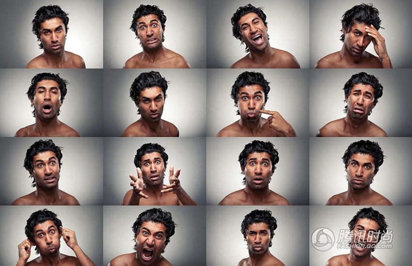Фотограф выделил 16 разных выражений лица человека от неудержимой радости до полного отчаяния. 