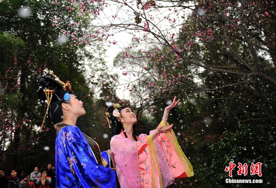 Сычуанские девушки любуются цветами в древнекитайских нарядах