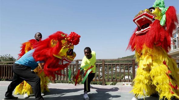 Жители Африки в Даляне осваивают танец льва