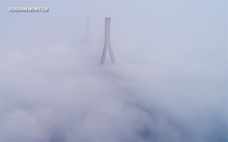 Мост Тяньсинчжоу в Ухане скрылся в густом тумане 