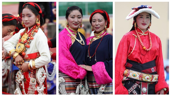 Все краски национальных тибетских костюмов на культурном фестивале 'Аньба' в уезде Даофу