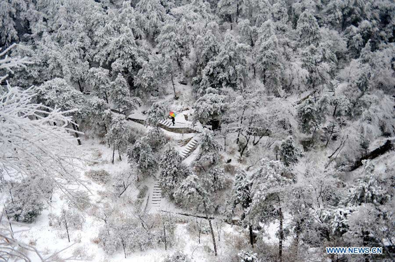 Nieve crea hermosos paisajes nevados en la montaña Lushan al este de China