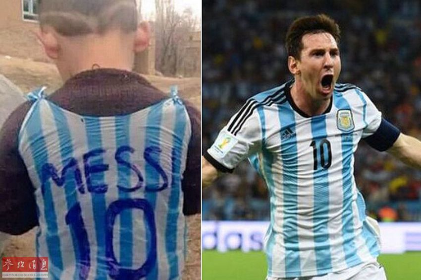 Niño afgano lleva una camiseta de plástico para conocer a Messi en España1