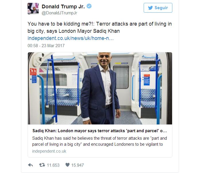 Donald Trump Jr. realiza polémico comentario tras el atentado de Londres