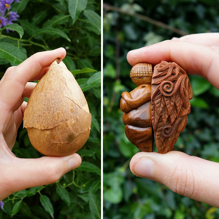Artista talla las semillas de aguacate en criaturas del bosque mágico