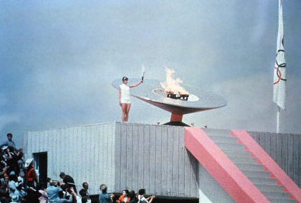 The Mexican athlete Enriqueta Basilio de Sotelo lit the Olympic cauldron during the opening ceremony of the Mexico City 1968 Olympic Games, in Mexico City, Mexico, on October 12, 1968.