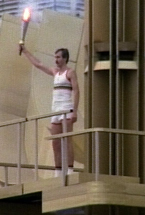 The basketball player Sergei Belov prepares to light the cauldron with the Olympic Flame during the opening ceremony of the Moscow 1980 Olympic Games in Moscow, USSR, 19 July 1980.
