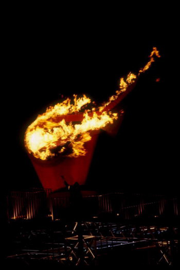 The Olympic Flame burns above the Olympic Stadium during the opening ceremony of the 1996 Olympic Games in Atlanta, Georgia.