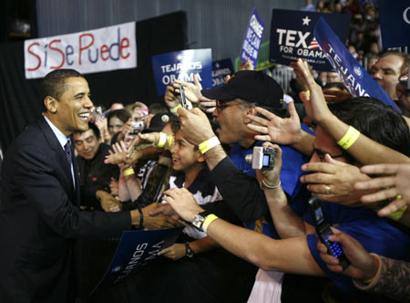  US Democratic presidential candidate Senator Barack Obama (D-IL) campaigns at a rally in Corpus Christi, Texas February 22, 2008.