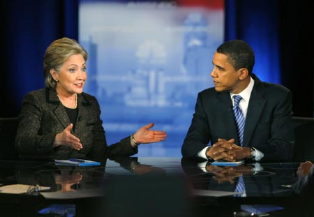 U. S. Democratic presidential candidates Senator Hillary Clinton (D-NY) and Senator Barack Obama (D-IL) square off in the last debate before the Ohio primary in Cleveland, Ohio, Feb. 26, 2008. 