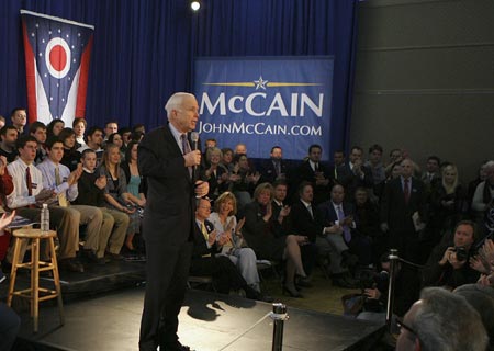 Republican presidential candidate John McCain speaks at a town hall meeting in Rocky River, Ohio Feb. 25, 2008. 