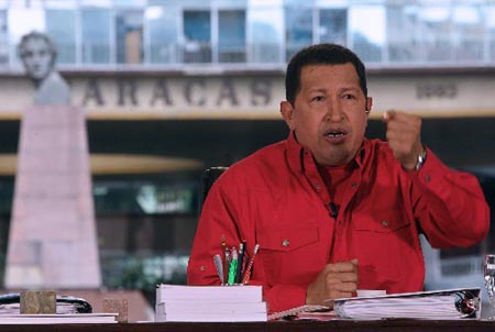 Venezuela's President Hugo Chavez speaks during his weekly broadcast 'Alo Presidente' in Caracas March 2, 2008. 