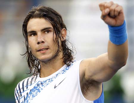 Spain's Rafael Nadal reacts after winning his match against Germany's Philipp Kohlschreiber at the ATP Dubai Tennis Championships, March 4, 2008.