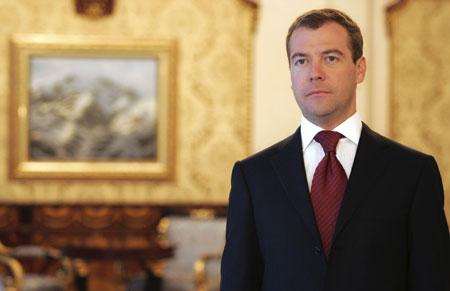 Russia's president-elect Dmitry Medvedev stands during his radio address to the nation in Russia's Black Sea resort of Sochi, March 7, 2008. Medvedev has secured his victory after the election authority officially announced final results of the March 2 presidential election on Friday. [Agencies]