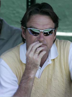 Jimmy Connors, the coach of Andy Roddick, watches the match against Marcos Baghdatis of Cyprus at the final of the Kooyong Classic tennis tournament in Melbourne Jan. 12, 2008.