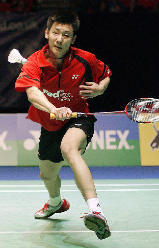 China's Chen Jin reaches for a shot during his match against Lin Dan in the final of the All England Open in Birmingham yesterday. 