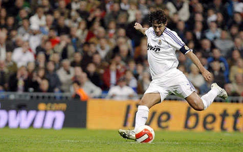 Real Madrid striker Raul shoots and scores from the penalty spot against Espanyol during their Spanish league match at the Santiago Bernabeu Stadium in Madrid on Saturday.