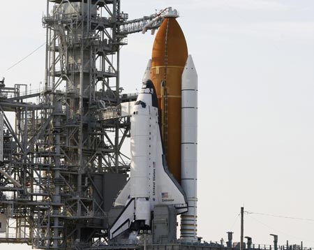 The space shuttle Endeavour stands atop launch pad 39A as final preparations are made for launch at the Kennedy Space Center in Cape Canaveral, Florida, March 10, 2008.