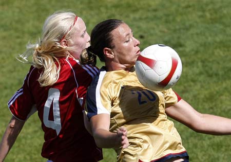 Denmark's Christina Orntoft (L) fight for the ball with Abby Wambach of US during their World Algarve Cup women's soccer championship final at Vila Real Santo Antonio stadium March 12, 2008.