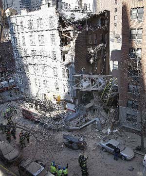 A view of the site where a crane fell over a building in New York March 15, 2008. 