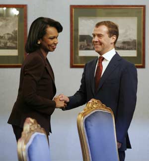 U.S. Secretary of State Condoleezza Rice is greeted by incoming Russian President Dmitry Medvedev before their meeting at the Kremlin in Moscow March 17, 2008. U.S. Secretary of Defense Robert Gates and Rice also met with their Russian counterparts to discuss missile defense, non-proliferation and counterterrorism. 