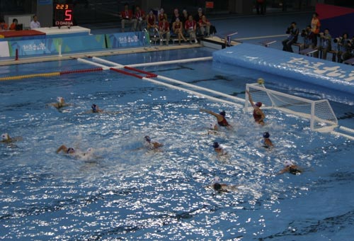 The Chinese women's team plays against the Australian women's team at the first game of the Good Luck Beijing 2008 Water Polo China Open at Ying Tung Natatorium in Beijing on Tuesday, March 18, 2008.