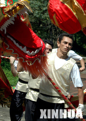 Brazilian youth learn to perform traditional Chinese dragon dance in Sao Paolo of Brazil, March 23, 2008. Organized by China Overseas Exchanges Association, a three-day training camp is held in Sao Poalo to teach the Brizilian young people who are interested in traditional Chinese culture and acqierements.