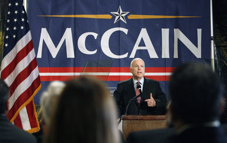 U.S. Republican presidential candidate Senator John McCain (R-AZ) speaks to business owners as he campaigns in Santa Ana, California March 25, 2008. McCain said Tuesday that the U.S. government should not bail out mortgage lenders or speculative home buyers, and assistance must be accompanied by changes to prevent future housing crisis.
