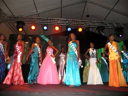 Contestants pose in evening gowns at the "Most Beautiful Girl in Nigeria" (MBGN) competition held on Friday, March 28, 2008 in Lagos.