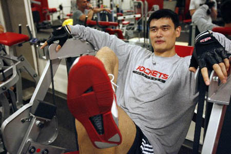 Yao Ming is doing recovering exercise on March 31, at the Toyota Center in Houston, Texas. Yao had season-ending foot surgery.