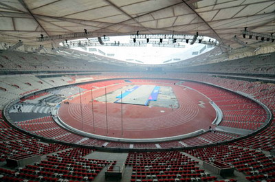 Photo taken on April 16, 2008 shows the inner view of the National Stadium, known as &apos;Bird&apos;s Nest&apos; in Beijing, capital of China.