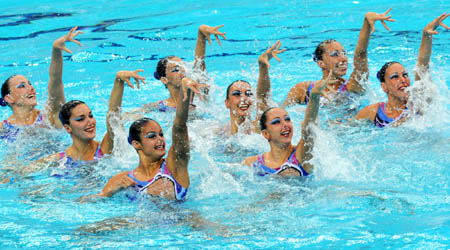 Spanish team competes during the technical routine of team event in the "Good Luck Beijing" Olympic Games Synchronized Swimming Qualification Tournament 2008 at the National Aquatics Center in Beijing, capital of China, on April 17, 2008. Spanish team took the first place with 97.500 points (100% Points) after the technical routine.