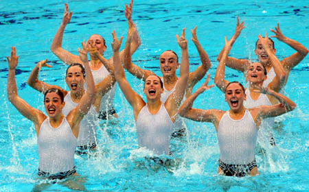 Canadian team compete during the technical routine of team event in the "Good Luck Beijing" Olympic Games Synchronized Swimming Qualification Tournament 2008 at the National Aquatics Center in Beijing, capital of China, on April 17, 2008. Canadian team took the third place with 94.833 points (100% Points) after the technical routine. 