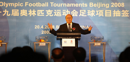 Joseph S. Blatter, FIFA president, addresses the official draw ceremony for the 2008 Beijing Olympic Games football tournaments, in Beijing, capital of China, April 20, 2008. Twenty-eight teams including 16 men's teams and 12 women's teams will be competing in the Beijing Olympics football tournaments, to be held in the cities of Beijing, Shanghai, Tianjin, Shenyang and Qinhuangdao on Aug. 6-23. 