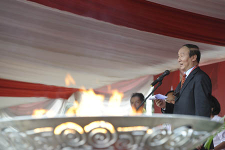 Jiang Xiaoyu, vice president of the Beijing Organizing Committee of Olympic Games, addresses the celebrating ceremony of the Olympic torch relay in Jakarta, capital of Indonesia, on April 22, 2008. Jakarta is the 14th stop of the 2008 Beijing Olympic Games torch relay. 