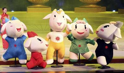 Five cartoon images of rams were unveiled as the mascots for the 2010 Asian Games on Monday night. 
